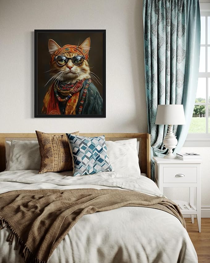 Hippie Portrait Art Poster Print, Cat Kitten Painting Humor Portrait Pet Artwork Decor Gallery A8 (11 x 14 inches, Black Frame)