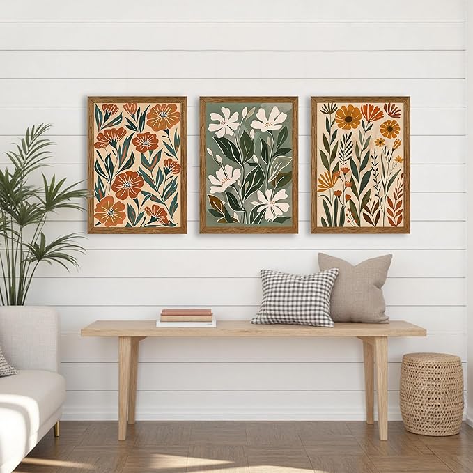 InspiredHues 3 Piece Abstract Boho Floral Canvas Wall Art, Green Beige Flower Market Wall Decor, Minimalist Colorful Botanica Artwork Prints for For Living Room Bedroom Office 16x24 Inch Wood Framed