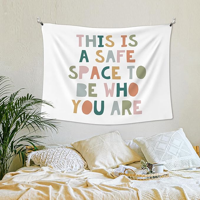 XLDLIOO Boho Classroom Wall Tapestry, This Is a Safe Space to Be Who You are Mental Health Wall Tapestry Hanging for Classroom, Boho Tapestries Decor Art for Therapy Counselor Office 40x30in