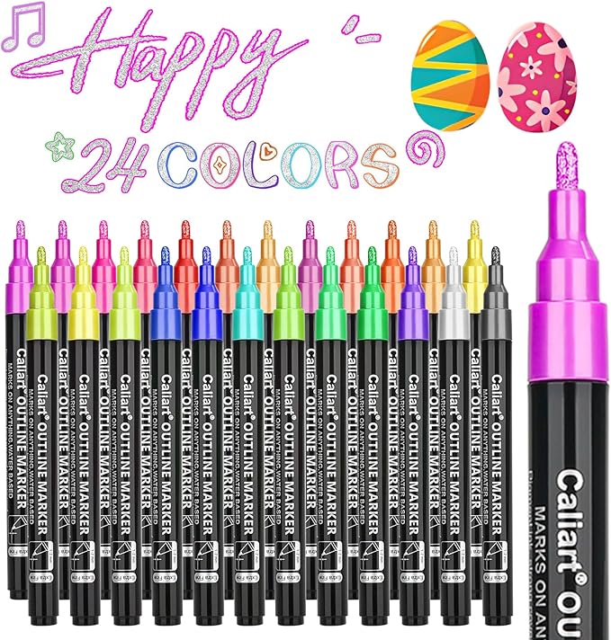 Caliart Stocking Stuffers for Kids Teen Girls, 24 Colors Outline Markers Shimmer Glitter Pens, Christmas Tween Teen Girl Gifts Trendy Stuff, Art Supplies for 6-8-10-12 Year Old Cool Fun Craft Drawing
