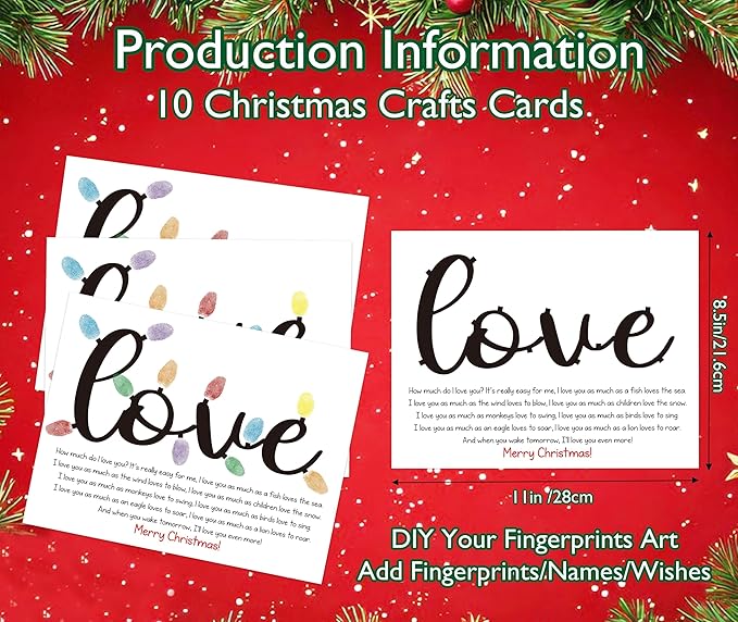 Christmas Light Fingerprint Art Craft Kit for Family Activities, 10 Pcs Christmas Crafts Bulk DIY Handprint Card Making, Funny Finger Paint Keepsake Gift for Mom Dad Grandma Grandpa