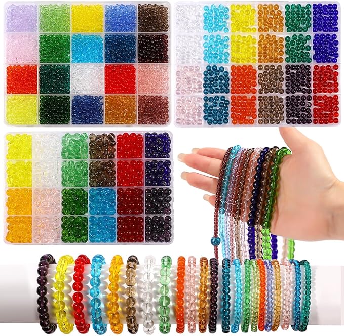 3200Pcs Glass Beads Bracelet Making Kit -44 Colors 8mm 6mm 4mm Round Crystal Beads for Jewelry Making, Clear Glass Beads Kits for Bracelet Necklaces DIY Crafts Making for Beginners Woman