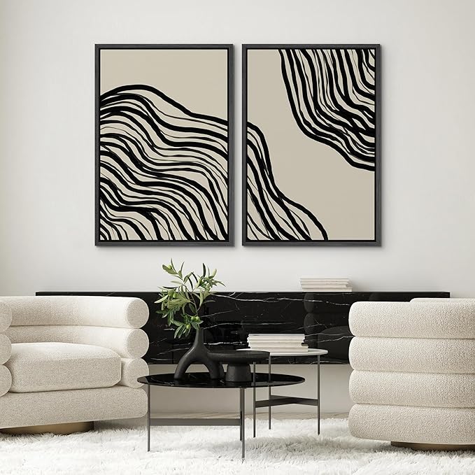 SIGNWIN Framed Canvas Print Wall Art Set Dark Geometric Spiral Wave Collage Abstract Shapes Cozy Neutral Modern Art Minimalism Decorative Nordic for Living Room, Bedroom, Office - 24"x36"x2 Black