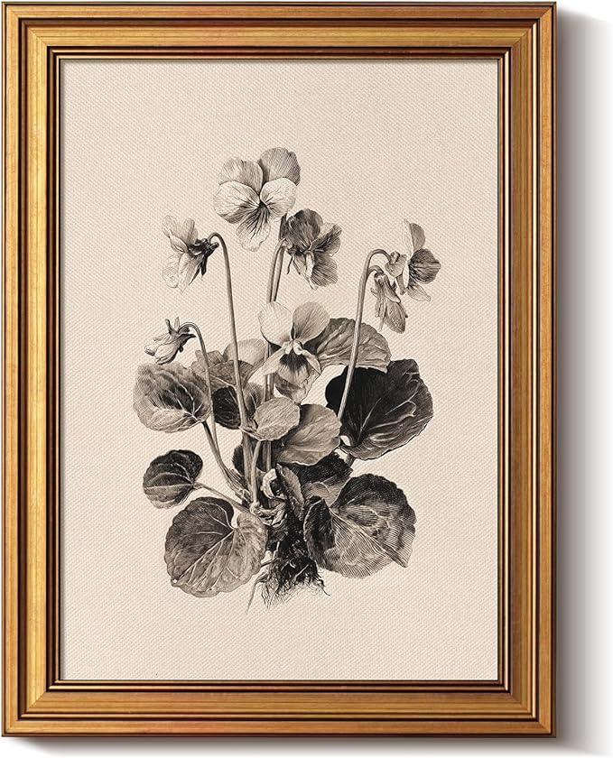 Bzstyleart Vintage Wall Art Decor for Living Room,Viola Sororia Flowers Painting,Gold Framed Wall Art,Sketching Painting Picture,Home Decor Aesthetic for Kitchen Bathroom,12L x 16W