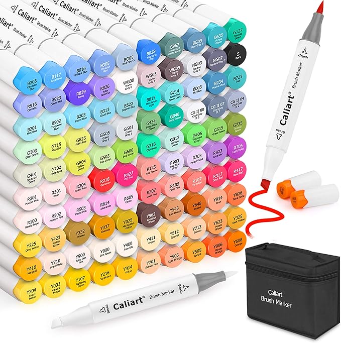 Caliart 101 Colors Alcohol Markers Brush Tip & Chisel, Dual Tip Art Markers Set for Adults Artists Sketch Illustration Coloring Book, Permanent Colored Drawing Pen Art Supplies Christmas Gifts