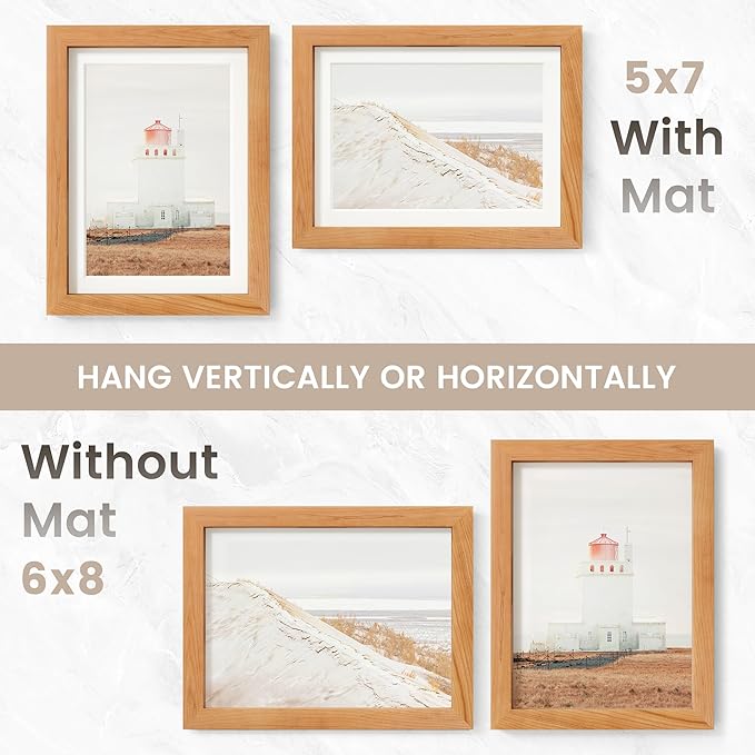 6x8 Picture Frame, USA-Sourced Natural Cherry Wood Photo Collage Frame with HD Tempered Glass, Modern Simple 6 x 8 Wooden Frame Matted to 5x7, Gallery Wall Frames for Art, Wall or Tabletop Display