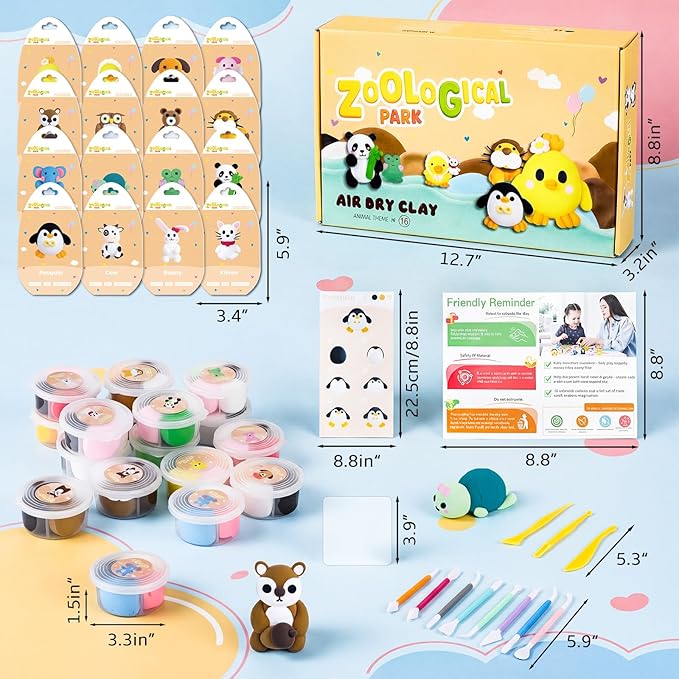 Air Dry Clay Kits for Kids-Modeling Magic Clay,16 Animals DIY Molding Clay Art Crafts Set,Ultra Light & Soft, Safe & Non-Stick with Sculpting Tools & Tutorials, Unique Gifts for Boys & Girls (Animal)