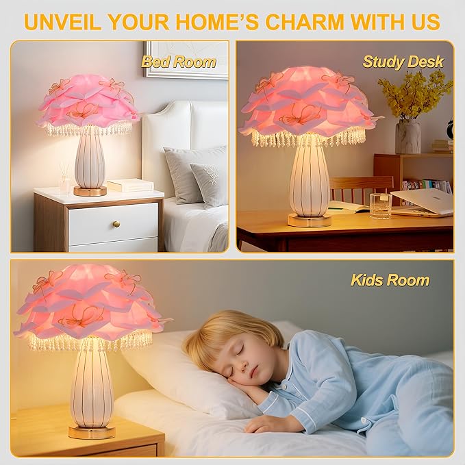 Pink Flower Lamp Romantic Bouquet Bedside Lamp Cute Nightstand Light Nordic Bow Table Lamp for Bedroom Living Room Entry Office Study Room Kid Room Valentines Dating Wedding Chirstmas Deco