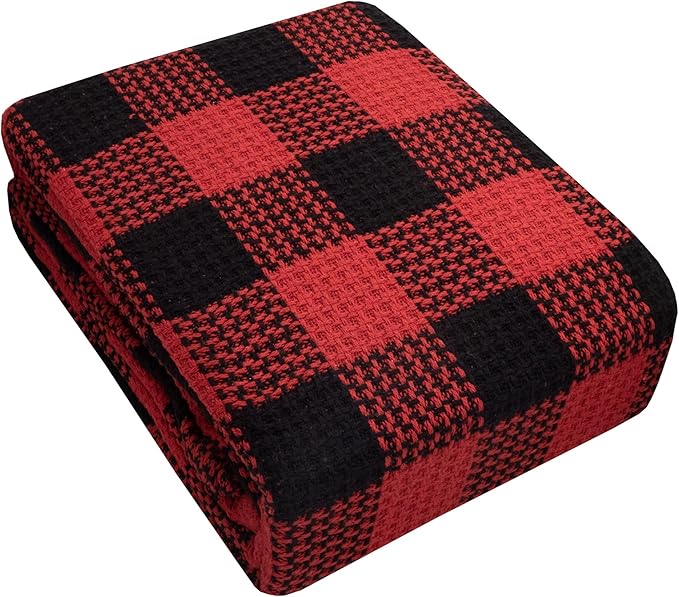 Sweet Home Collection 100% Fine Cotton Blanket Luxurious Weave Stylish Design Soft and Comfortable All Season Warmth, Full/Queen, Buffalo Plaid Burgundy Black (Pack of 1)