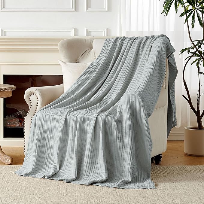 Joydeco 100% Cotton Muslin Throw Blanket for Couch Bed and Sofa, 4-Layer Lightweight and Breathable Soft Gauze Blanket for All Season, Luxury Throws Cotton Blanket Gift(Grey, 90"x90")