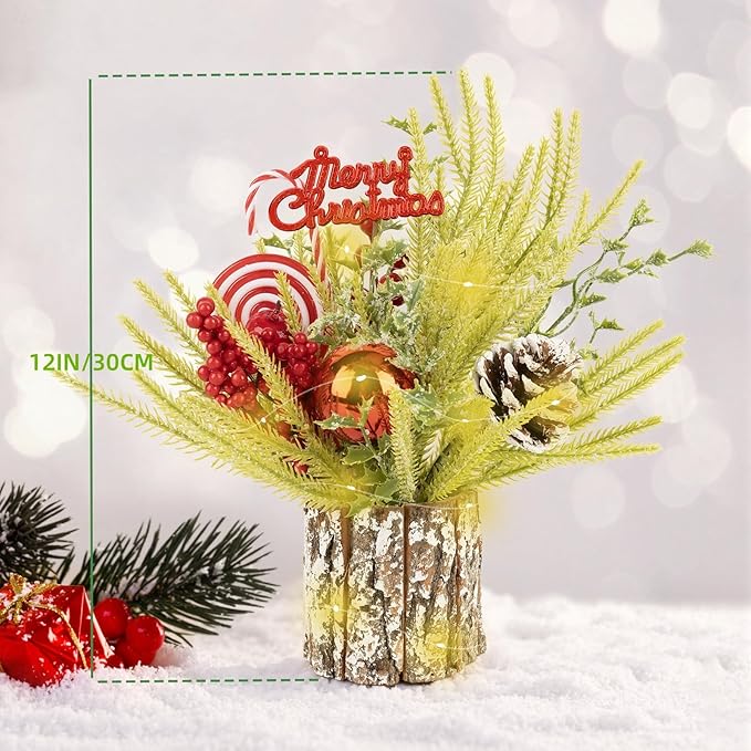 Small Table Top Christmas Tree with Lights, Mini Christmas Tree Decorations with Merry Christmas Candy Canes Pine Cones Berries Balls Ornaments for Home Party Centerpiece Decor, 12Inch, Green