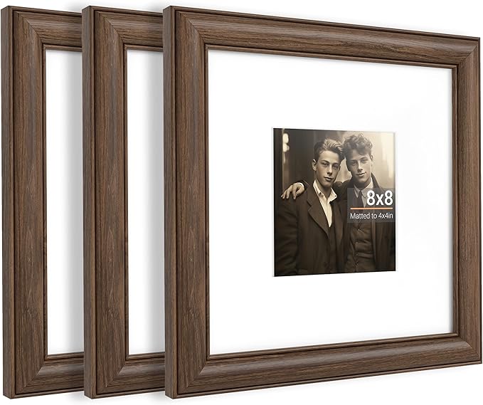 Heimlove 8x8 Picture Frame,8 x 8 Natural Solid Walnut Wood Square Frame with Tempered Glass,8"x8" Handcrafted Wood Frame Matted to 4x4 Photos for Wall or Tabletop Art Photo and Prints,3 Pack