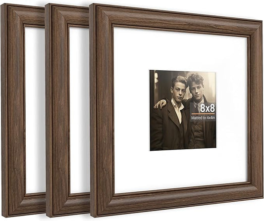 Heimlove 8x8 Picture Frame,8 x 8 Natural Solid Walnut Wood Square Frame with Tempered Glass,8"x8" Handcrafted Wood Frame Matted to 4x4 Photos for Wall or Tabletop Art Photo and Prints,3 Pack