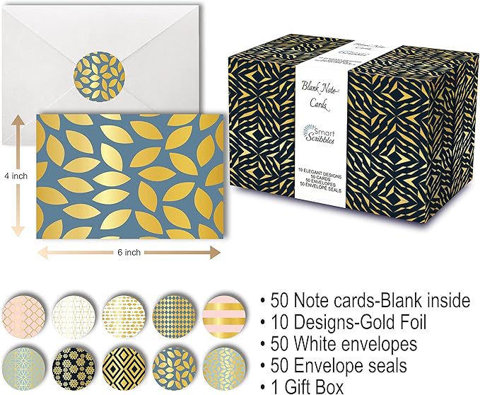 Smart Scribble 50 Blank Cards and Envelopes, Assorted Greeting Cards for All Occasions, 4x6” Blank Note Cards with Envelopes and Matching Stickers- 10 Elegant Designs, Thank You Card Assortment Pack,