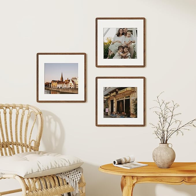 16x16 Picture Frame, Solid Oak Wood Photo Frame with Mat for 12x12, Round Corner 16 x 16 Matted Picture Frames with Resistant Plexiglass for Wall Mounting or Tabletop, Walnut Color, Set of 1