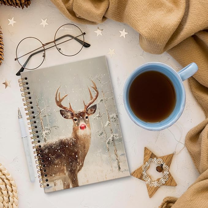 XNXLDYLH Vintage Winter Christmas Reindeer Notebook Journal, Rudolph the Red Nose Reindeer Spiral Notebook, Woodland Forest Journals Notebooks, Christmas Office School Supplies Gifts, 5.5x8.3 Inch