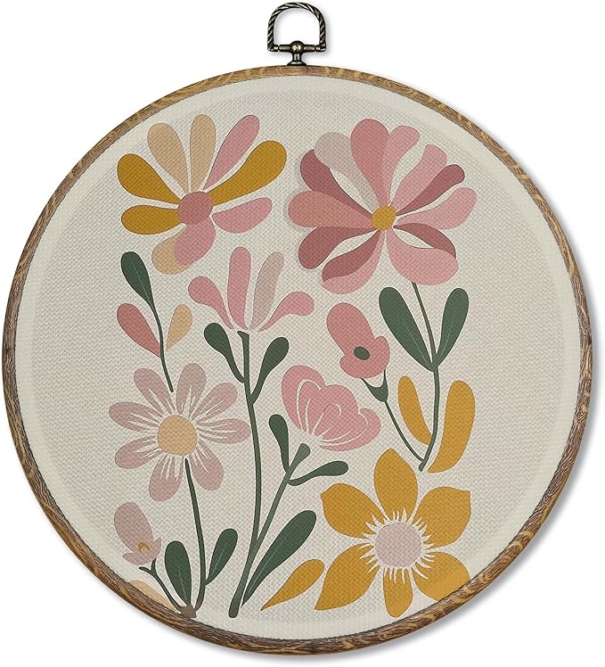 FUGWN Boho Floral Round Wall Art Decor Framed, Boho Abstract Minimalist Flower Canvas Artwork Prints, Neutral Flower Botanical Wall Hanging Decorations for Home Bedroom Living Room, 10x10 Inch