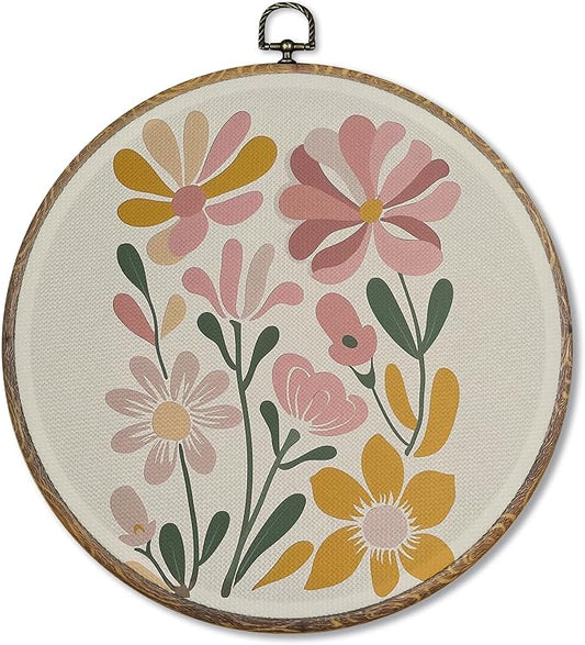 FUGWN Boho Floral Round Wall Art Decor Framed, Boho Abstract Minimalist Flower Canvas Artwork Prints, Neutral Flower Botanical Wall Hanging Decorations for Home Bedroom Living Room, 10x10 Inch
