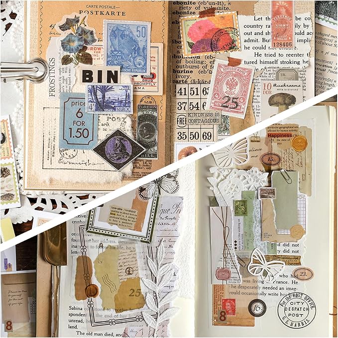 6 Sets 300 Pcs Washi Stickers Book, Vintage Aesthetic Sticker Set for Journaling Scrapbook Decoration Bullet Journal,Stamps Flowers Ticket Theme Stickers for Art Diary Craft Planner