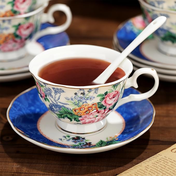 fanquare 21-Piece Blue Lace Porcelain Tea Set, China Coffee Cup and Saucer Set for 6, Pink Flower Tea Sets for Adults Women