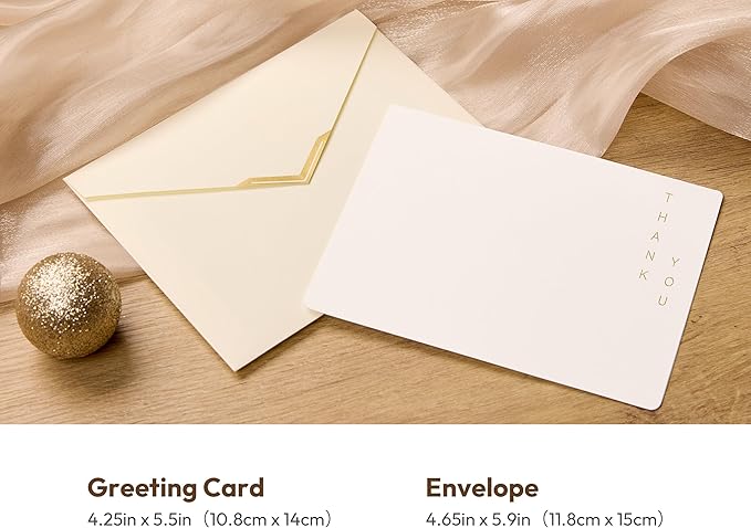 20 Pack Thank You Cards with Envelopes, 4.25×5.5 Inch Flat Thank You Notes, Single Layer Gold Foil Debossed Cards with V-Shape Gold Foil Envelopes, Blank Inside for Wedding Baby Shower Business