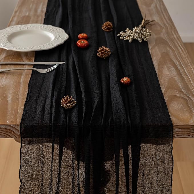 Keketoarrange 6pcs Halloween Table Runner Black Cheesecloth Gauze Rustic Premium Cotton Cheese Cloth Table Runner 120 Inch 10 FT for Wedding Bridal Baby Shower Long Sheer Boho Christmas Decorations