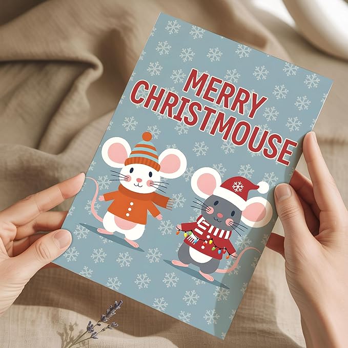 (5.3x8in) Merry Christmouse Card with Envelope, Cute Funny Christmas Mouse Greeting, Adorable Winter Holiday Card with Cartoon Mice Design for Friends, Family, and Kids (Xmas 25)