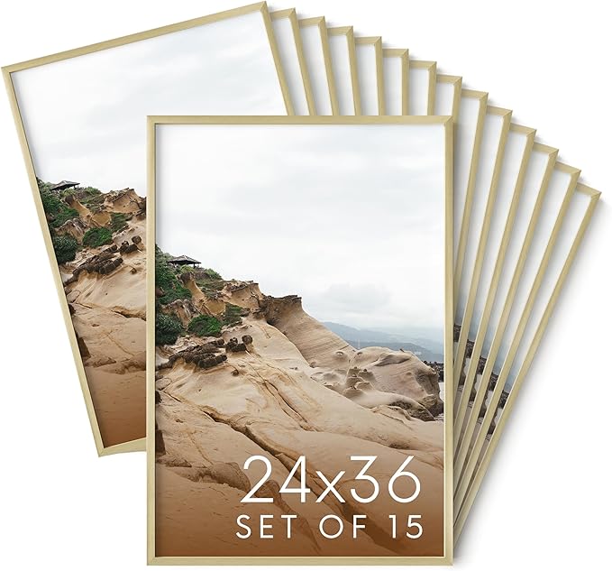 HAUS AND HUES 24x36 Gold Metal Picture Frames - Premium Aluminum with Vertical & Horizontal Hanging, Shatterproof Plexiglass - Ideal for Home, Office (24x36 in, Gold, Set of 15)
