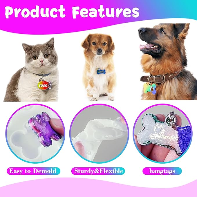 Pet Tag Resin Molds, SAGOOITS Silicone Mold for Resin Casting Pet Collar Tags, Silicone Mold Set with 10 Keychains, DIY Keychain Pendant Charm Crafts-Make Dog Cat Name Tags