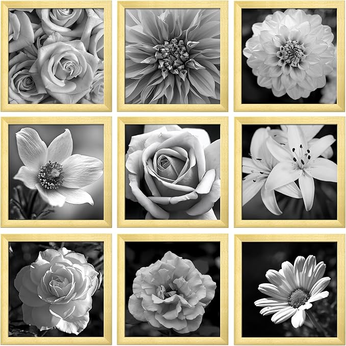 eletecpro 10x10 Picture Frames Set of 9 with Mat for 5x5 Photos or without Mat for 10x10, Square Gallery Wall Decor Collage for Picture Display, Gold Frame Set for Wall Hanging