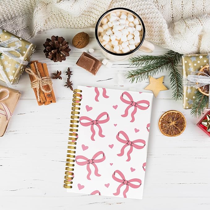 Trendy Coquette Pink Bow Heart Journaling Notebooks, Preppy Notebook Journal for Girls, Pink Office Supplies, Hardcover Spiral Notebooks College Ruled 5.5 x 8.3