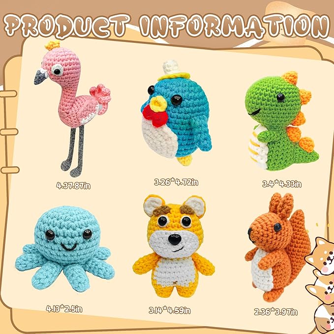 FHFTHYH 6Pcs Crochet Kit for Beginners, DIY Craft for Adults and Kids, Great Gift for Crochet Lovers, Crocheting Animal Kits with Step by Step Videos,Yarn,Crochet Hook,Birthday Holiday Gift