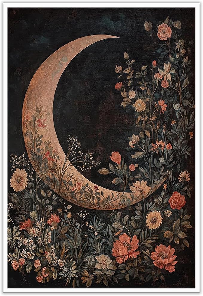 Crescent Moon Floral Canvas Poster Modern Trendy Lunar Wall Art Vintage Dark Celestial Painting Prints Whimsical Botanical Aesthetic Home Decor for Bedroom Living Room 20x30inch Unframed