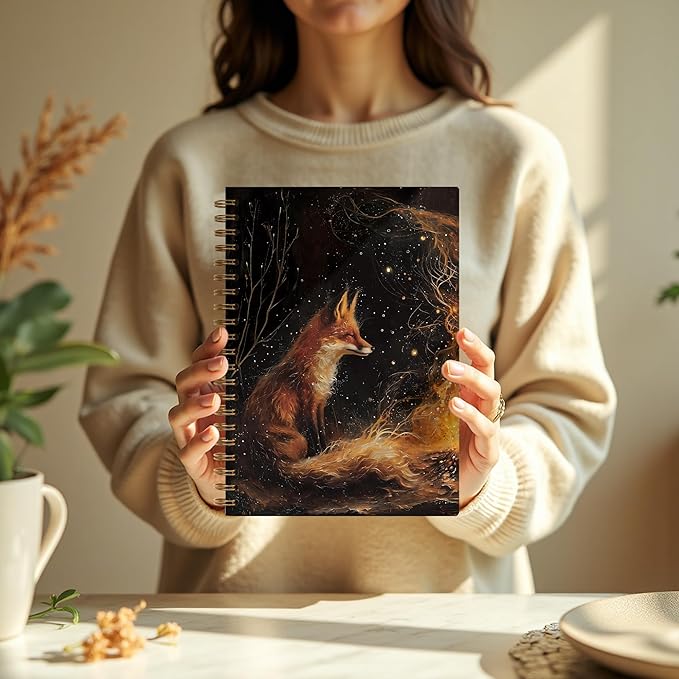 Vintage Fox by the Campfire Notebook, Fox Lover Gifts, Mystical Enchanted Forest Wild Animal Journal, Camping Nature Lovers Gifts Spiral Notebook Journal, 5.5x8.3 Inch