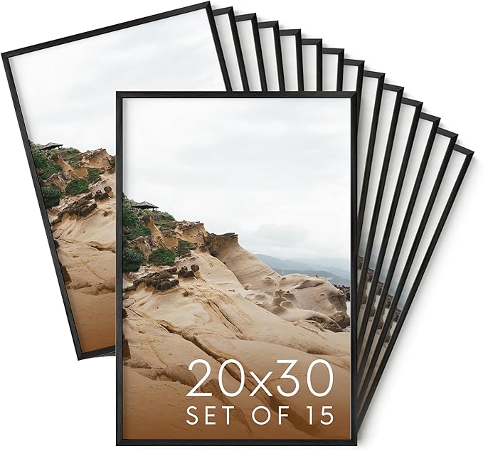 HAUS AND HUES 20x30 Black Metal Picture Frames - Features Premium Aluminum, Vertical & Horizontal Hang, Shatterproof Plexiglass - Ideal for Home, Room, Office (20x30 in, Black, Set of 15)