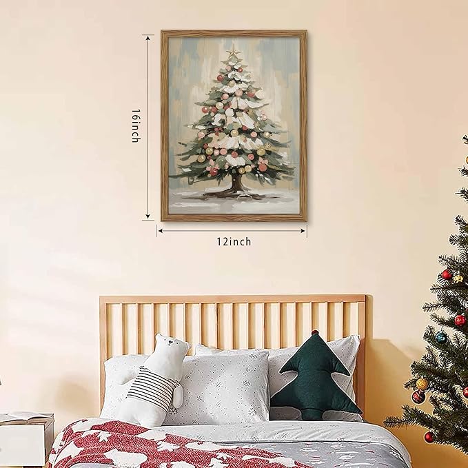 Framed Christmas Canvas Wall Art, Vintage Christmas Tree Pictures Print, Rustic Winter Holiday Decor, Wood Frame Pine Tree Painting, Christmas Tree Wall Decor for Living Room, Fireplace – 12x16in