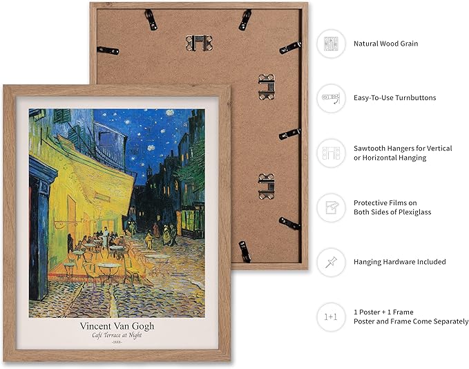 Monem Art Vintage Van Gogh Poster - Retro Cafe Terrace at Night Print - Impressionism Art - Fine Art - Classic Painting Art - Aesthetic Living Room or Bedroom Wall Decor - 8x10 Beige Framed