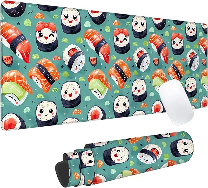 Cute Sushi Gaming Mouse Pad, Office Desk Mat, Anti-Slip Rubber Base Cool Aesthetic Mouse Pads for Computer Laptop Keyboard School Home Desktop Gamer Home Accessories Decor 31.5" x 11.8"