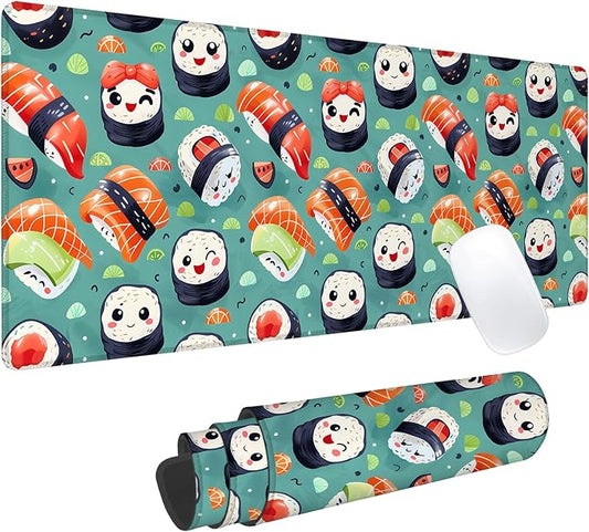 Cute Sushi Gaming Mouse Pad, Office Desk Mat, Anti-Slip Rubber Base Cool Aesthetic Mouse Pads for Computer Laptop Keyboard School Home Desktop Gamer Home Accessories Decor 31.5" x 11.8"