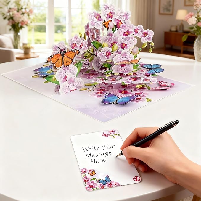 Greeting Card Purple Orchid with Butterflies 3D Pop-Up Cards Handmade Birthday Flower Gift for Women, Mom, Wife, Men 6x8 Inches Aniversary Wedding Christmas Gifts Floral