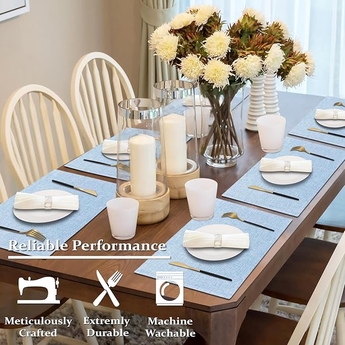 Cloth Placemats Set of 4, Cotton Linen Blend Machine Washable Double Layered Place Mats, Heat Resistant Placemats Rectangular Fabric Dining Table Mats for Indoors & Outdoors 19’’×13’’ (Light Blue, 4)