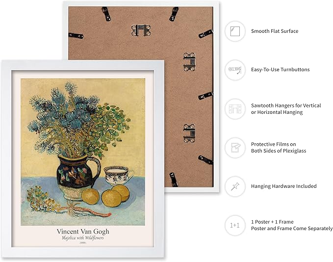 Monem Art Vintage Van Gogh Poster - Retro Majolica with Wildflowers Print - Impressionism Art - Flower Art - Fine Art - Classic Painting Art - Floral Living Room Decor - 11x14 White Framed