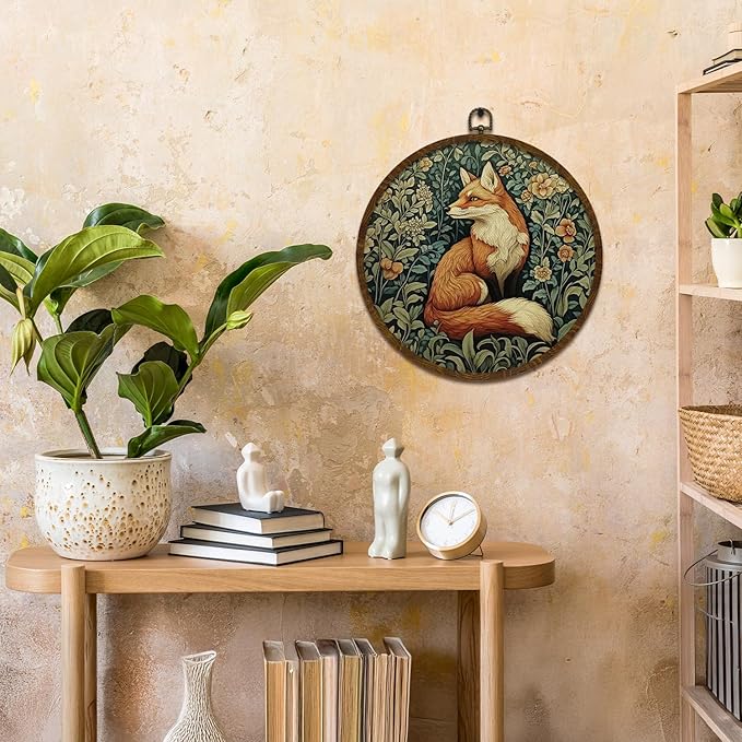 KLYTINK William Morris Inspired Vintage Fox Wall Art,Round Canvas Frame,Retro Animal Design Hanging Round Wall Decor for Bedroom Living Room,or Office 10x10inch (Fox)