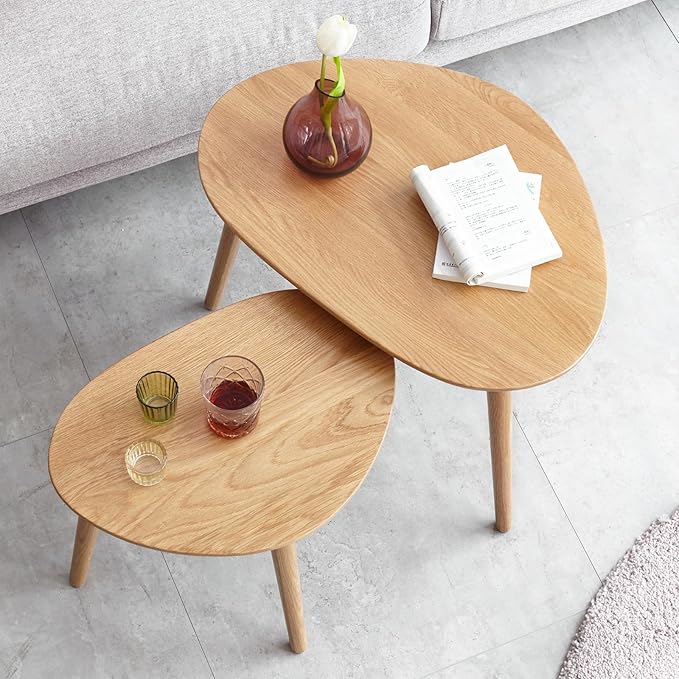 Wayshome 100% Solid Oak Wood Nesting Coffee Table, Small Oval Coffee Tables Set, Mid Century Modern Round Tables for Living Room, Pebble Side Table for Balcony (Nature, Combine)