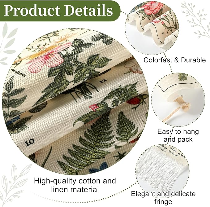 Geetery Vintage Floral Vertical Tapestry Wall Hanging Long Narrow Wall Fabric Flower Hanging Reference Illustrative Botanical Tassel Tapestry for Home Decor Gift(White)