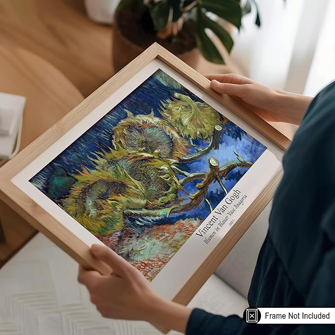 Monem Art Vintage Van Gogh Poster - Retro Blumen in Blauer Vase Anagoria Print - Sunflower Art - Impressionism Art - Fine Art - Classic Painting Art - Bedroom Wall Decor - 24x32 UNFRAMED Wall Art