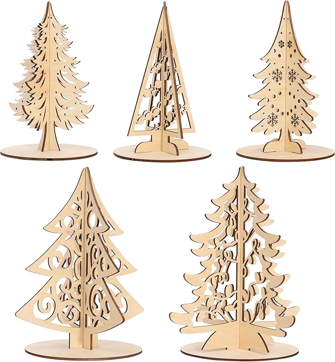 Christmas Craft Set - Wood 3D Christmas Tree, Wooden Unfinished Slices to Paint, Xmas Trees Cutouts Ornaments, for Xmas Winter DIY Handmade Tiered Tray Decorations
