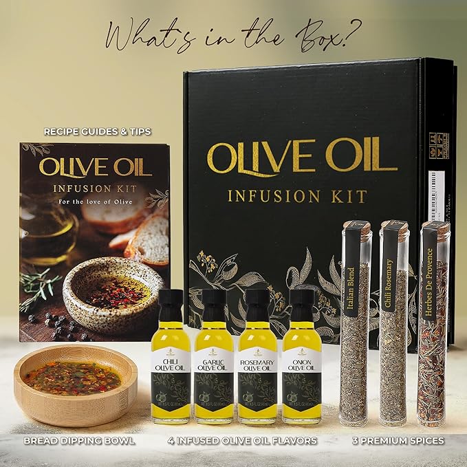 Infused Olive Oil Gift Set – Variety Pack - 4 Flavored Olive Oil Extra Virgin, 3 Spice Flavorful Infusion Blends, Bread Dipping Bowl & Recipe Booklet - Set of 8 – Gourmet Cooking Gifts for Women