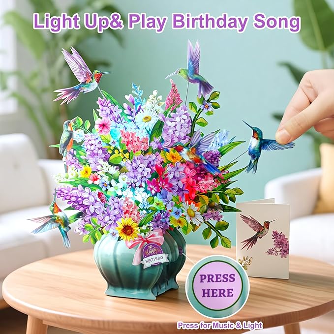 Birthday Cards, Light and Music Happy Birthday Card, Hummingbird Oasis, 10 Inch Life Sized Forever Flower Bouquet, 3D Pop Up Birthday Gift Card for Women Wife Mom Daughter Sister (Blank Notecard & Envelope)