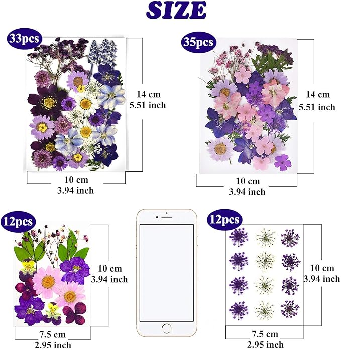 92 Pcs Purple Dried Pressed Flowers Real Natural Leave Petals for DIY Resin Candle Jewelry Nail Crafts